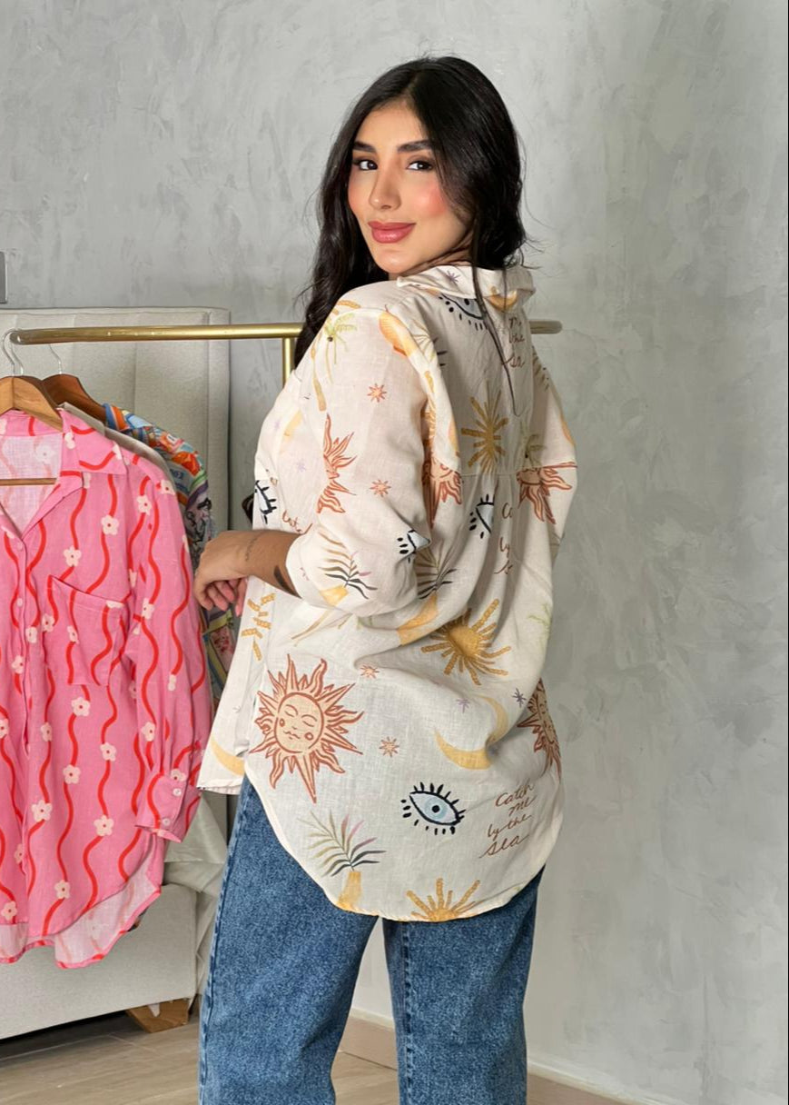 Camisa oversize en lino beige