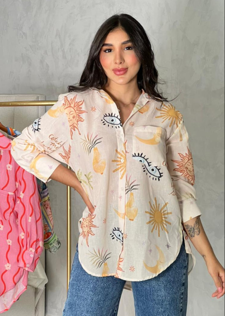 Camisa oversize en lino beige