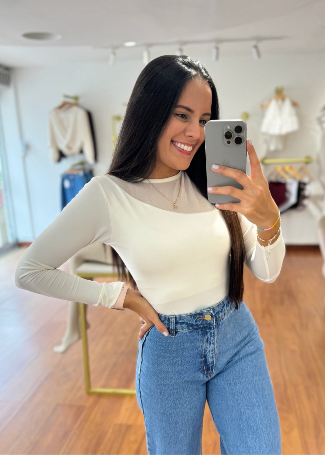 Body manga larga con transparencia marfil