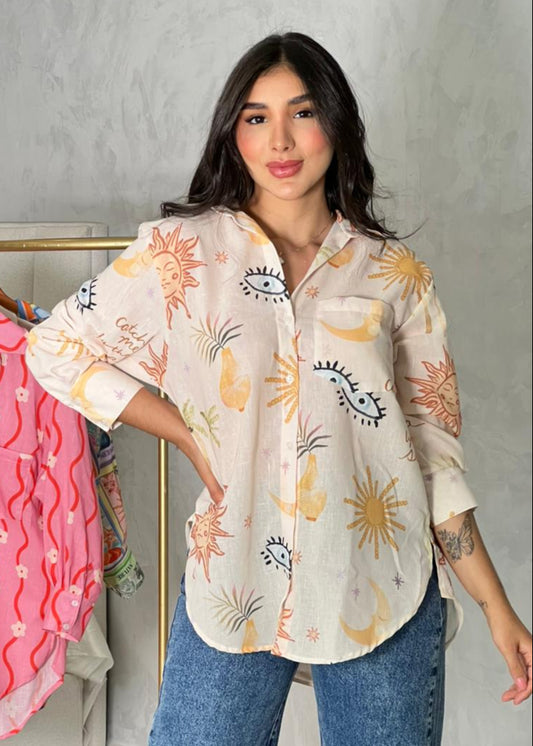 Camisa oversize en lino beige