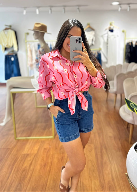 Camisa oversize en lino rosa