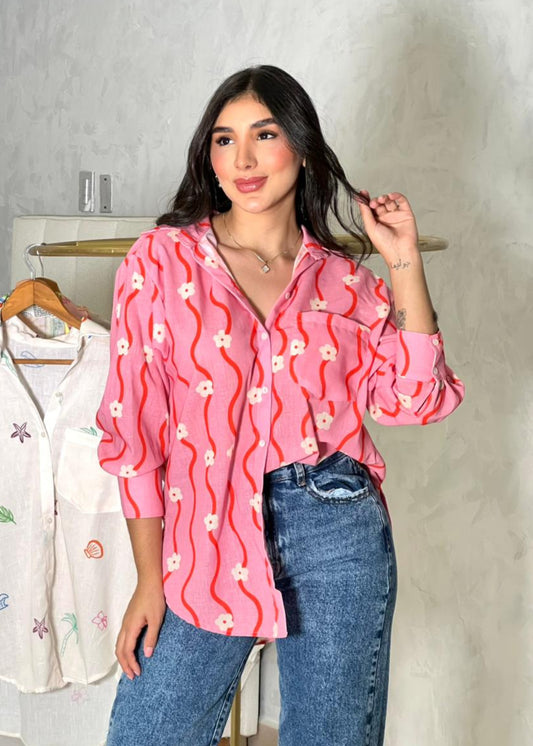 Camisa oversize en lino rosa
