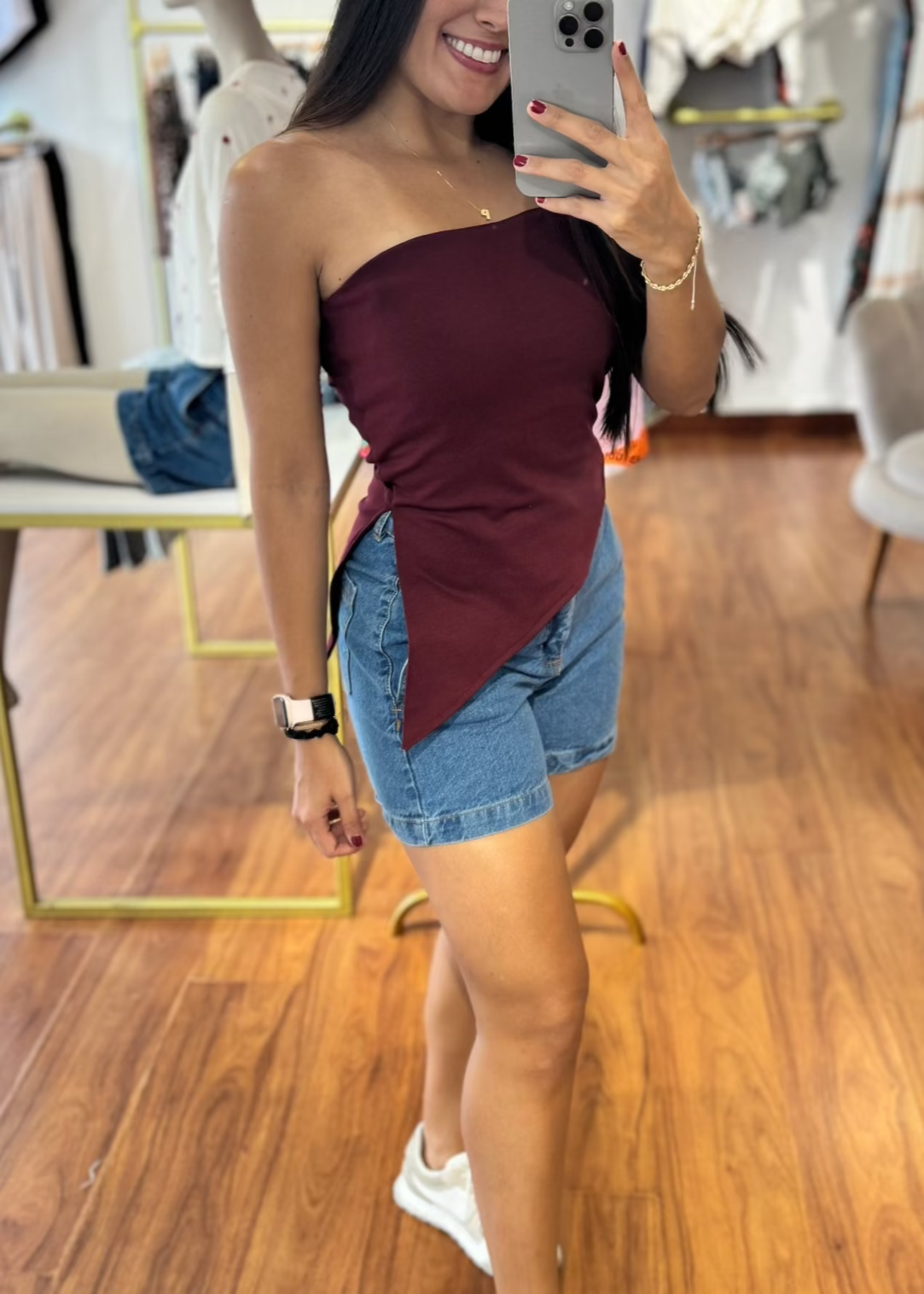 Bermuda denim tiro alto