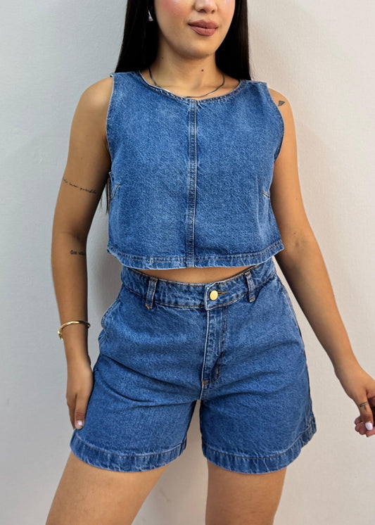 Bermuda denim tiro alto